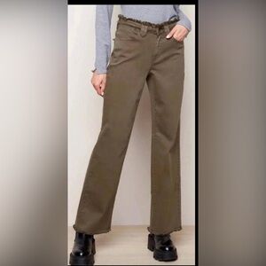 Charlie B Fringed Waistband Flare Pants Pine Stretch Twill Women’s size 14 New